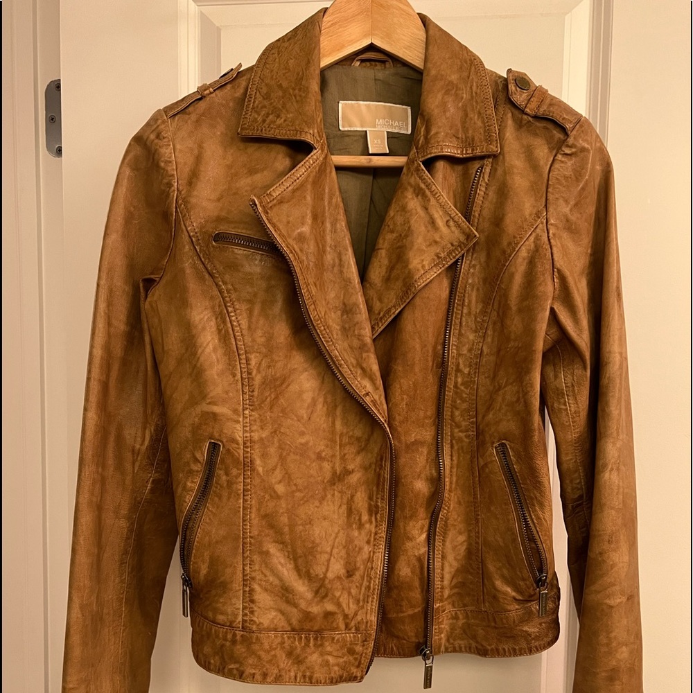 Michael Kors caramel leather biker jacket